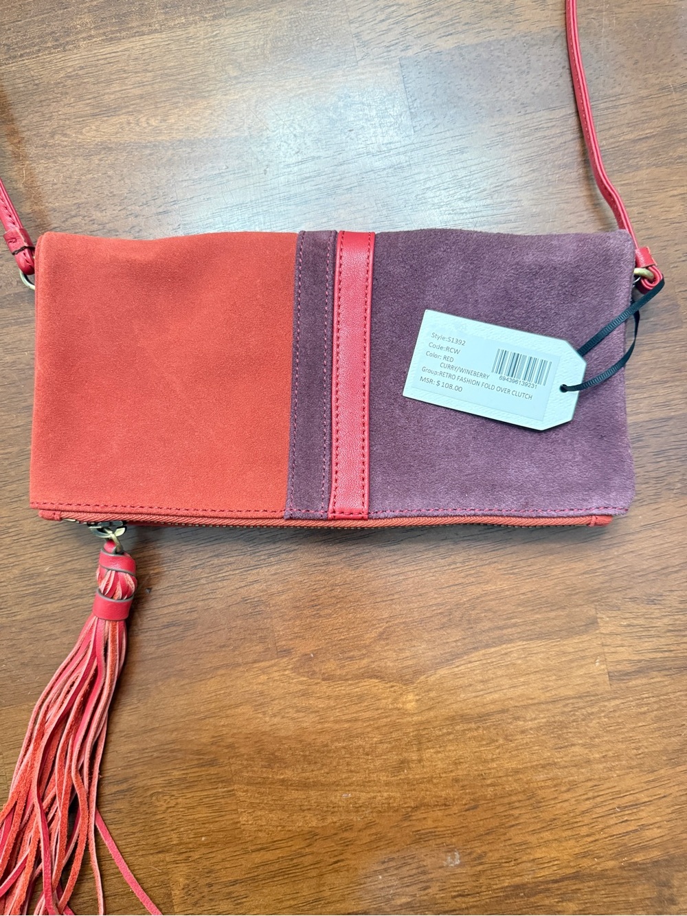 Sanctuary Suede Crossbody or Clutch real Suede and Leather tassel Bag Red & Plum